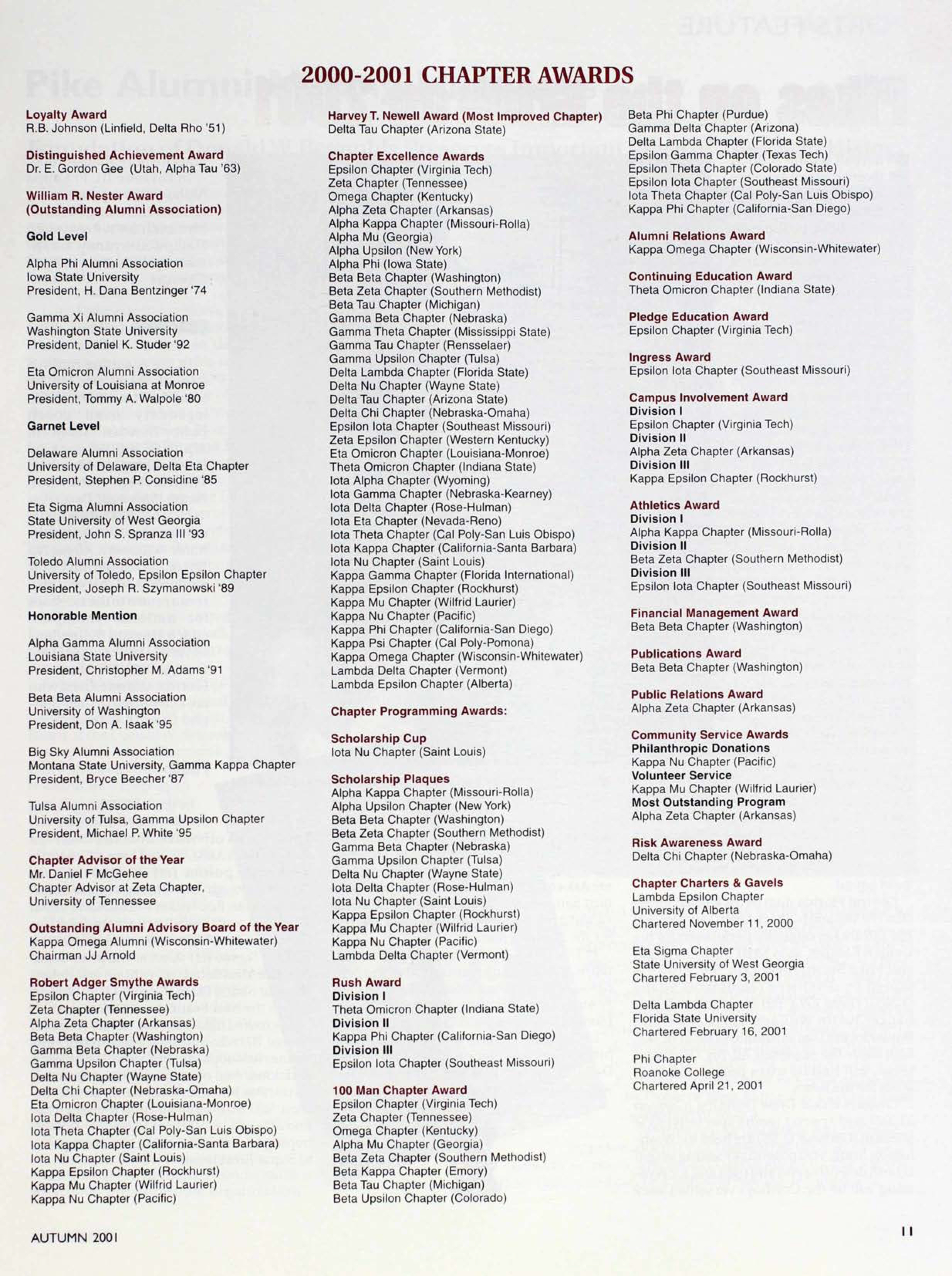 2000-2001 Chapter Awards, Autumn 2001